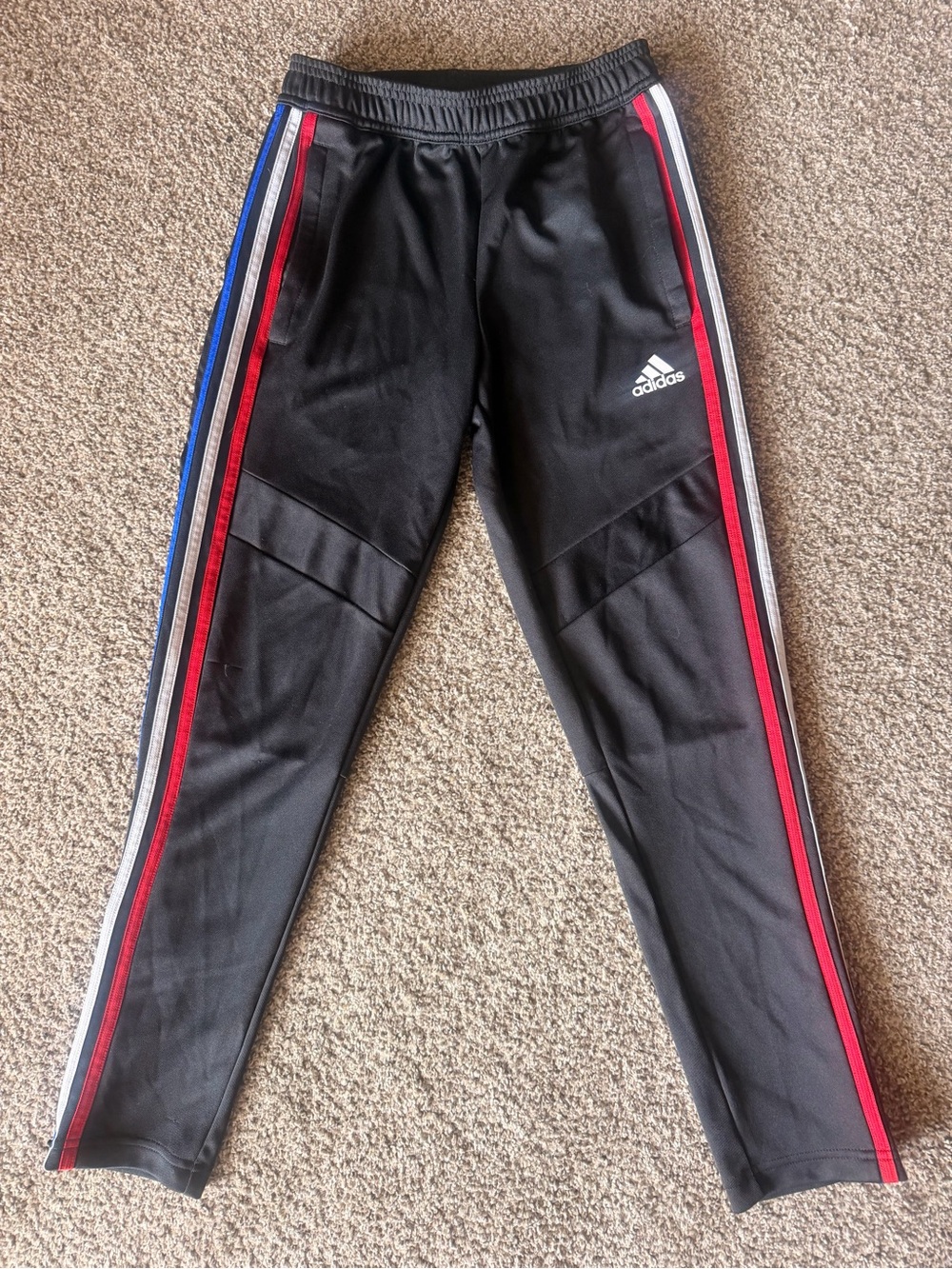 adidas Kids Black Joggers with Red and Blue Side Stripes